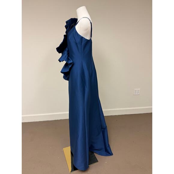 Badgley Mischka Ruffle Accent Sculptural Swirl Maxi Evening Dress Blue Size 12 - Picture 6 of 7